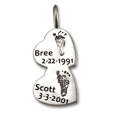 Sterling Silver Cascading Hearts with Baby Footprints and Birthdates