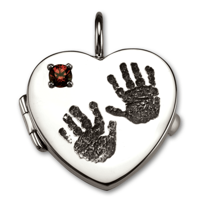 Sterling Silver Large Heart Locket with Baby Handprints and Garnet Birthstone