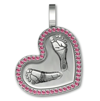 Sterling Silver Large Heart with Baby Footprints and Pink Tourmaline Gemstone Bezel