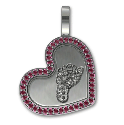 Sterling Silver Medium Heart with Baby Footprint and Ruby Gemstone Bezel