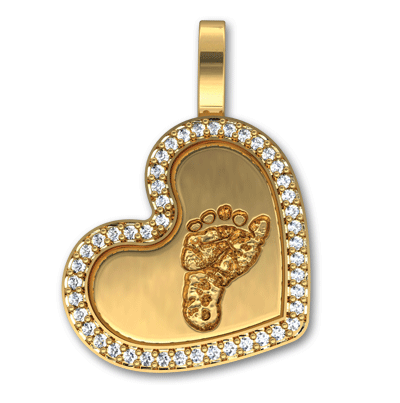 14k Yellow Gold Medium Heart Charm with Baby Footprint and Diamond Gemstone Bezel