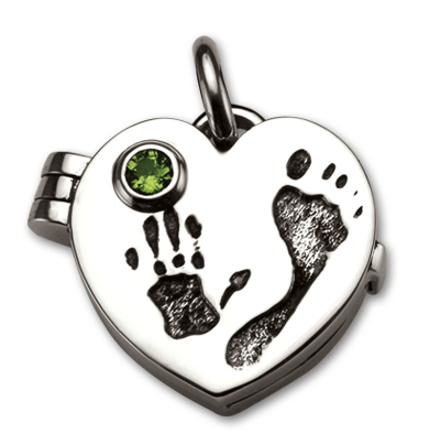 Sterling Silver Large Heart Locket with Baby Hand and Footprint and Peridot Birthstone