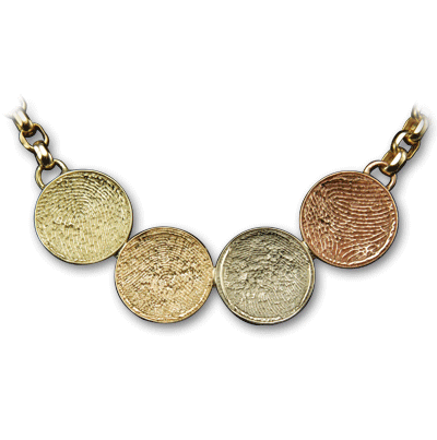 Green, Yellow, White and Rose Gold Circles Each with a Different Family Fingerprint Connected on a Chain