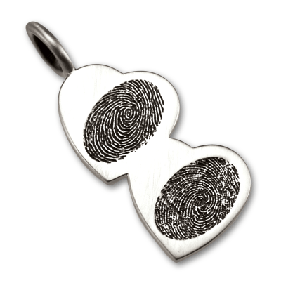 Sterling Silver Cascading Hearts Each with a Child's Fingerprint on Front and Handwritten Name on BAck