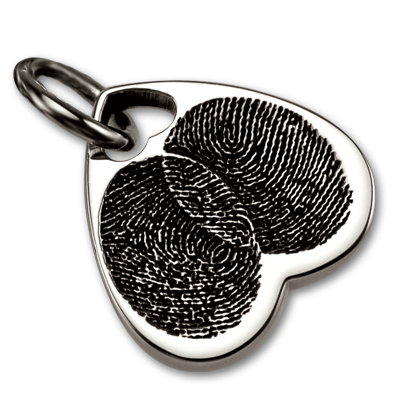 Sterling Silver Medium Heart Charm with Overlapping Fingerprints of Children with Heart Hole for Bail and Birthdates on Back