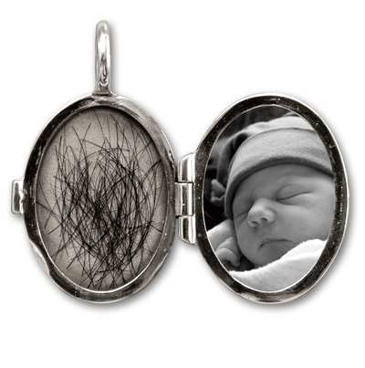 Sterling Silver Oval Locket with Baby Footprint on Front and Baby Photo and Lock of Hair Encased in Resin on the Inside