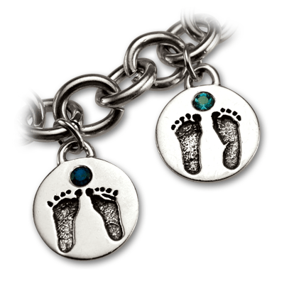 Sterling Silver Medium Circle Baby Footprint Charms with Birthstones