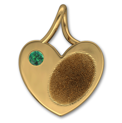 14k Yellow Gold Large Rope Loop Heart Fingerprint Pendant with Emerald