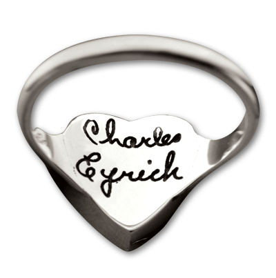 Sterling Silver Heart Signet Ring with Fingerprint on Top and Handwriting Signature Underneath
