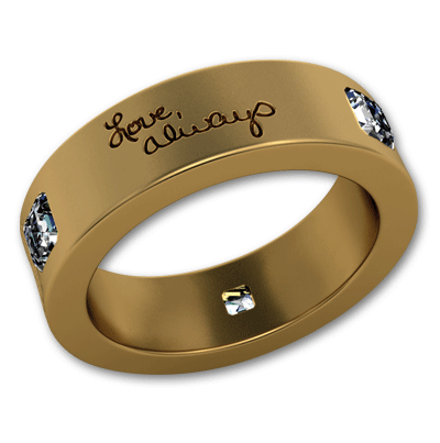 14k Yellow Gold Wedding or Anniversary Band with Husband and Wife Fingerprints separated by Diamonds and Handwritten Love Note