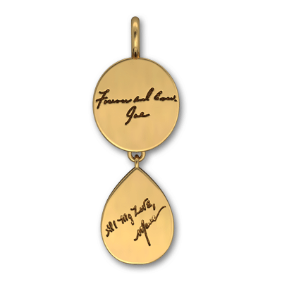 14k Yellow Gold Oval and Teardrop Pendant with Fingerprints on Front and Handwritten Love Note from Husband and Daughter