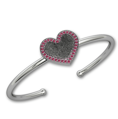 Sterling Silver Cuff Bracelet with Medium Ruby Gemstone Heart with Fingerprint Center