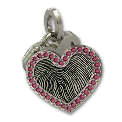 Sterling Silver Large Heart Fingerprint Locket with Ruby Bezel Bezel and Personalized Handwriting on the Back
